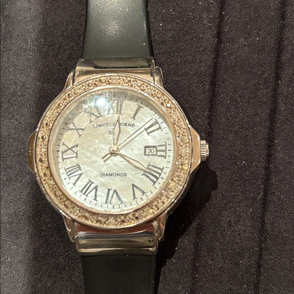 Swiss Legend Silver Diamond Watch with Black Band